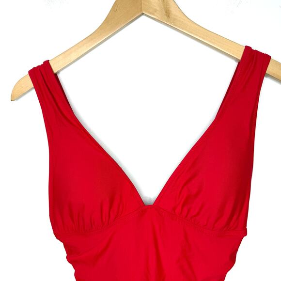 J. Crew Ruched V Neck One Piece Swimsuit In Cerise Red Size 8 Long Torso - Picture 3 of 8